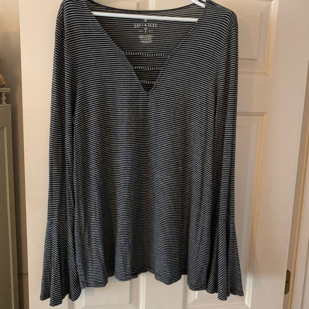 Stretchy pinstripe top with bell sleeves